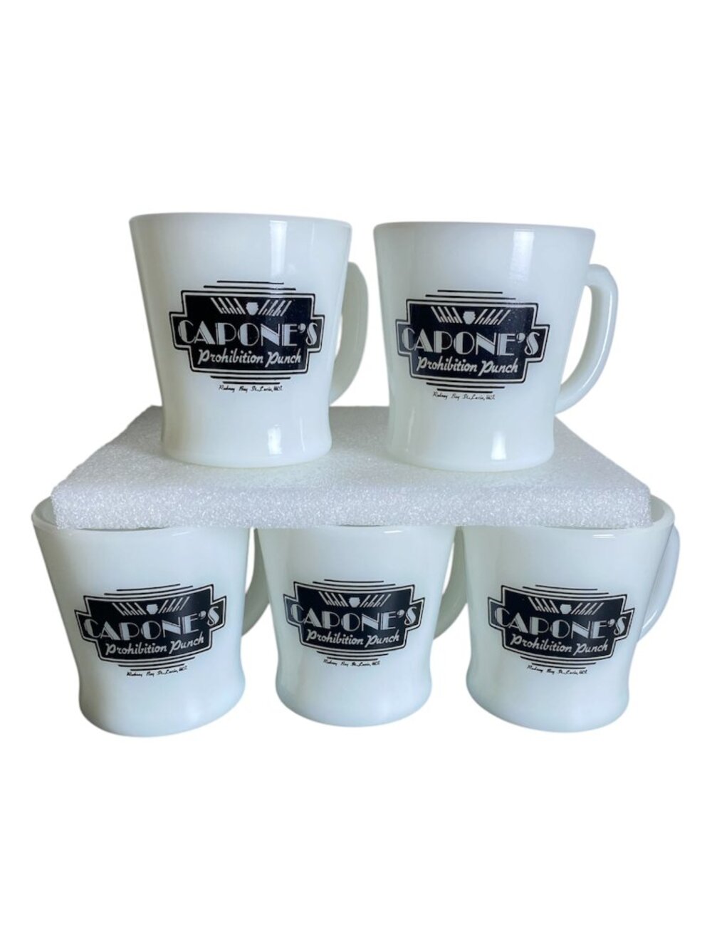 VTG Anchor Hocking Fire-King Milk Glass Capone’s Prohibition Punch Mugs Set of 5